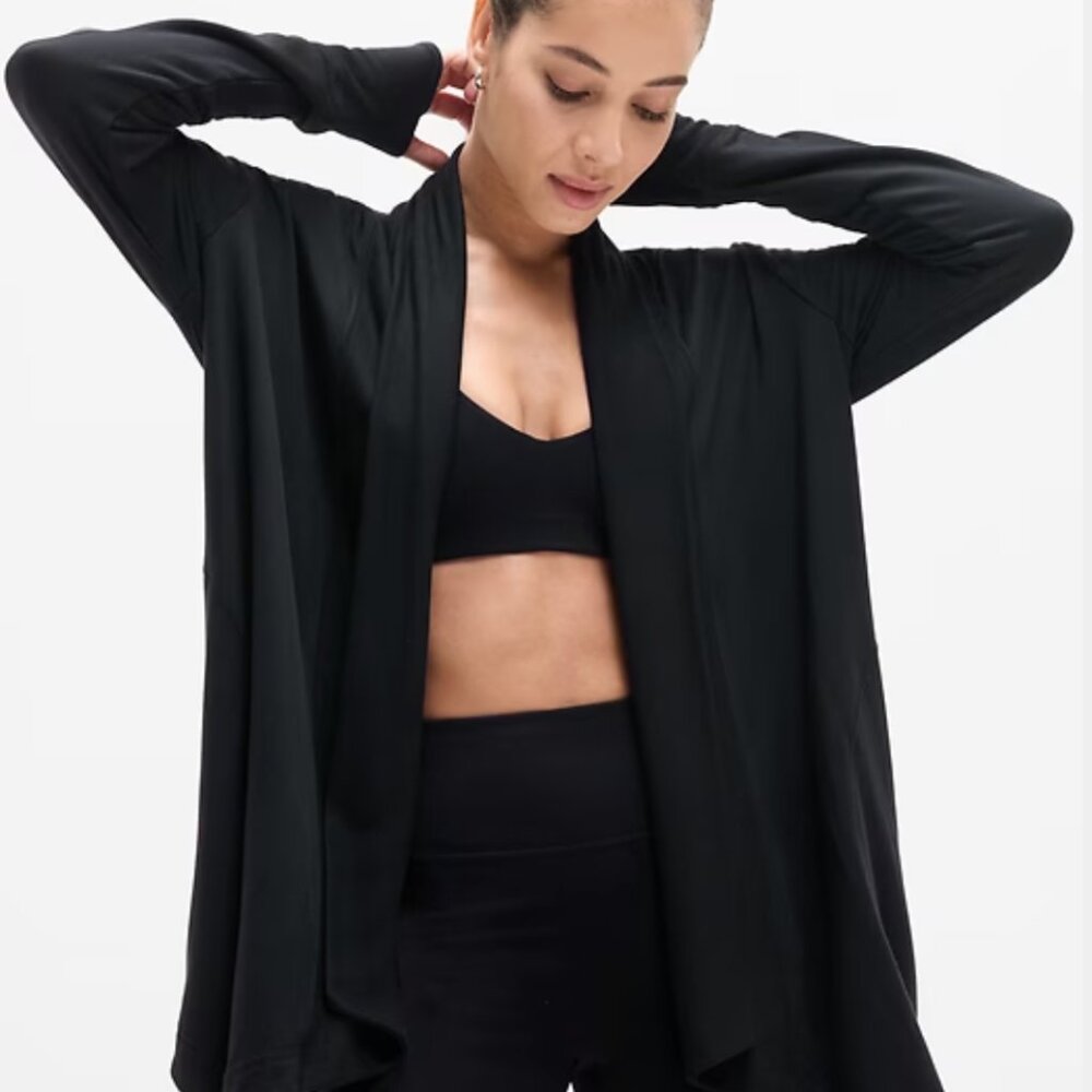 Athleta Black Draped Open-Front Long Sleeve Top